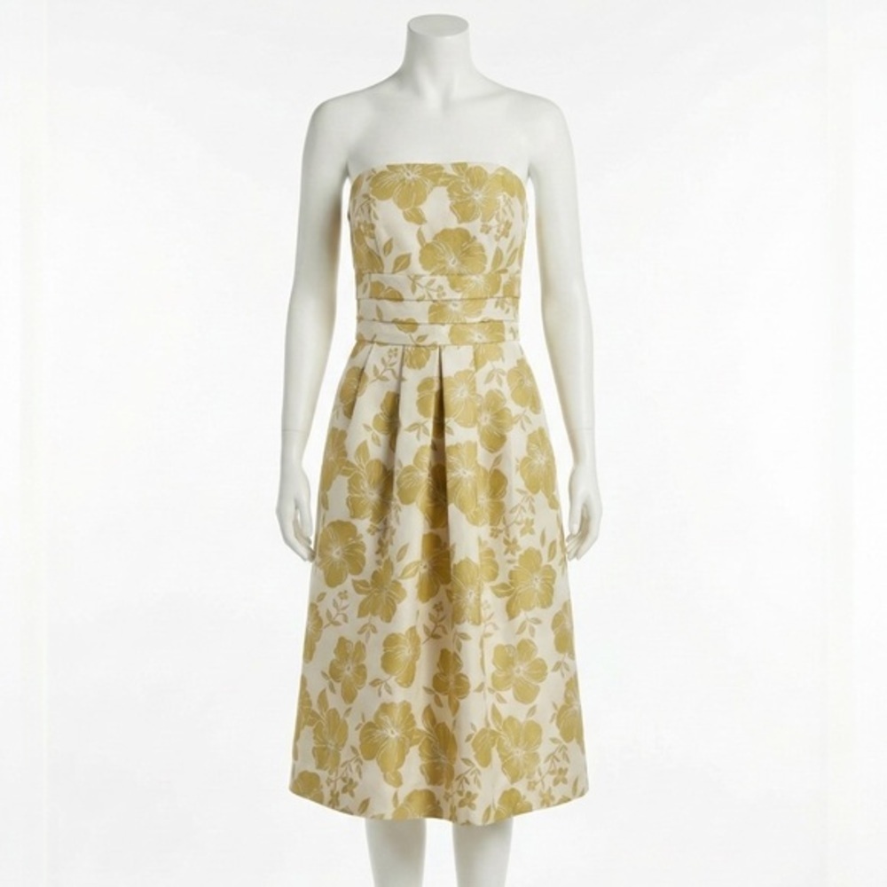 Ann Taylor Gold Floral Jacquard Strapless Fit and Flare Cocktail Midi Dress Sz 0